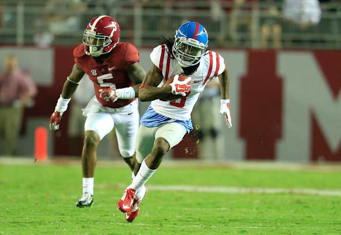 Sep 19, 2015; Tuscaloosa, AL, USA; Mississippi Rebels wide receiver Quincy Adeboyejo (8) runs for a touchdown at Bryant-Denny Stadium.